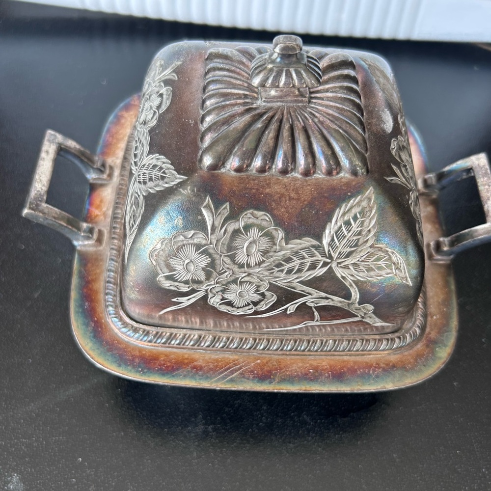 Vintage 1940’s Silver White Metal Engraved Butter Dish w/ Floral Design-Beaut